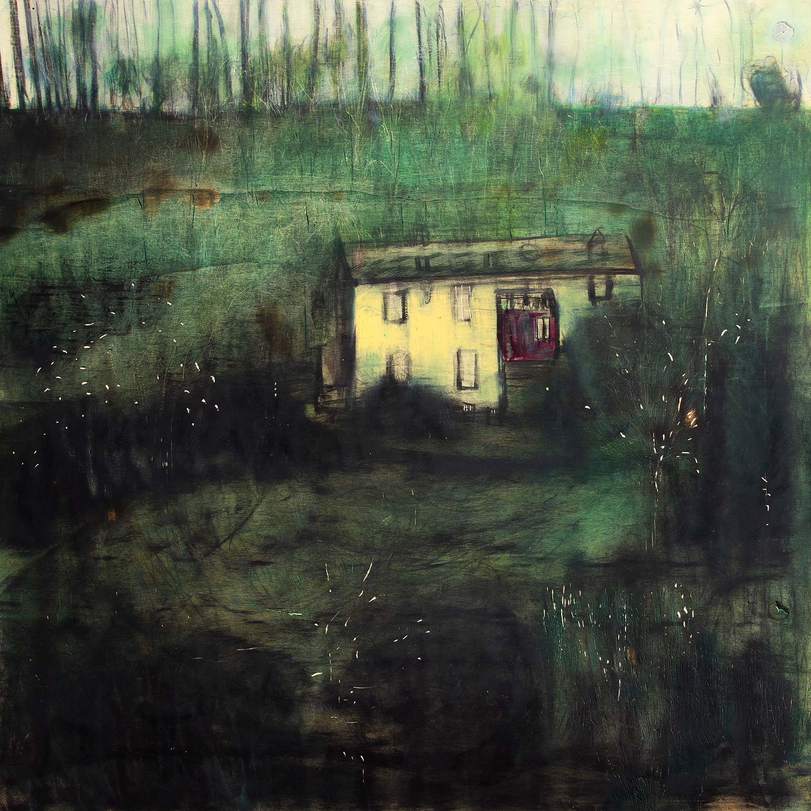Chiara Lera – The green house, 85 x 85 cm, olio e combustione su tavola, 2013